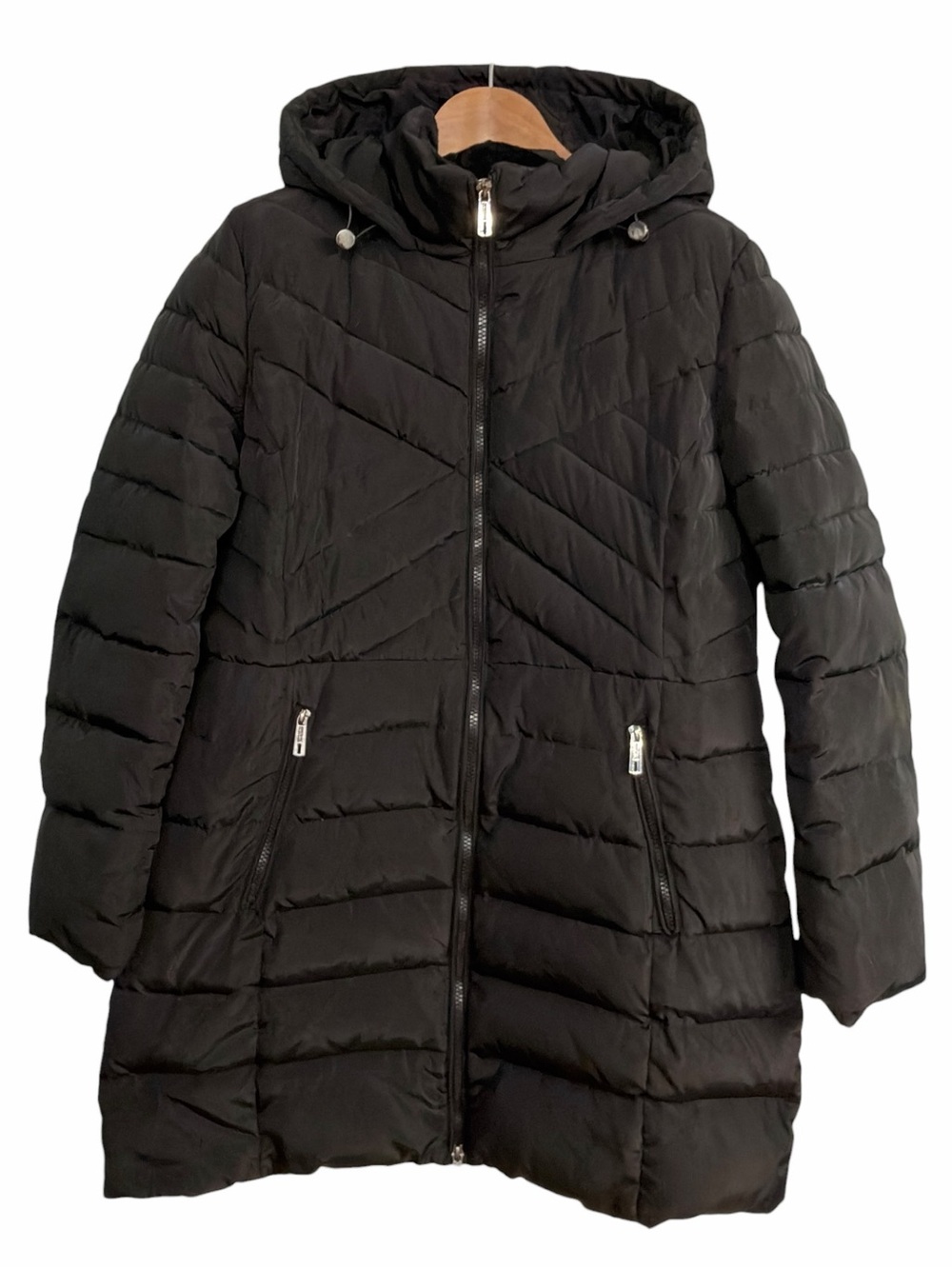 Kenneth Cole Reaction Black Hooded Long Puffer Coat Quilted Zip Jacket Large - Picture 3 of 8